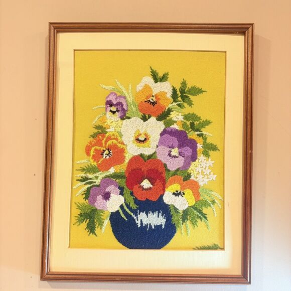 Vintage Pansies Needlepoint Crewel Embroidery FLORAL PANSY Completed 19x15” - Picture 6 of 12
